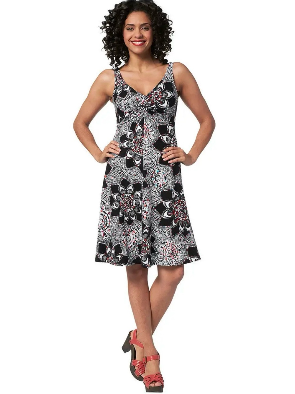 Tom Tailor Black Floral Knee-Length Sundress with Red & White Accents Cotton